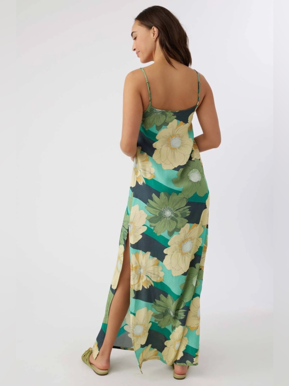 O’Neill Floral Maxi Dress Green Slip Dress Side Slit Strappy Boho NWT M